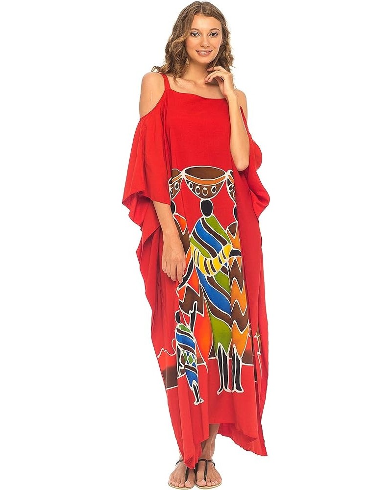 Womens Kaftan Maxi Dress Cold Shoulder Casual Long Beach Cover Up Plus Size Caftan Family Red $22.64 Swimsuits