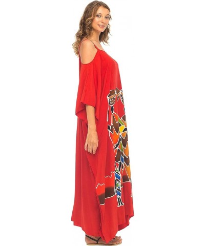 Womens Kaftan Maxi Dress Cold Shoulder Casual Long Beach Cover Up Plus Size Caftan Family Red $22.64 Swimsuits