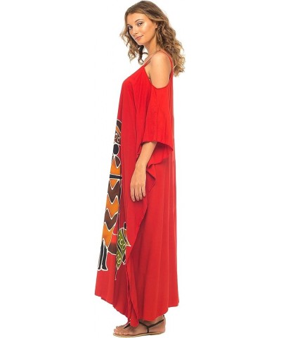 Womens Kaftan Maxi Dress Cold Shoulder Casual Long Beach Cover Up Plus Size Caftan Family Red $22.64 Swimsuits