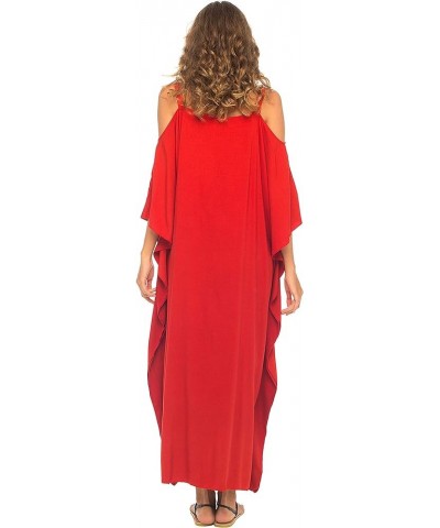 Womens Kaftan Maxi Dress Cold Shoulder Casual Long Beach Cover Up Plus Size Caftan Family Red $22.64 Swimsuits