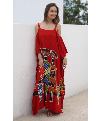 Womens Kaftan Maxi Dress Cold Shoulder Casual Long Beach Cover Up Plus Size Caftan Family Red $22.64 Swimsuits