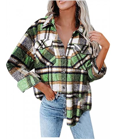 Womens Flannel Plaid Shacket Jacket Long Sleeve Button Down Casual Jackets Brushed Plaid Shirts 2023 Fall Coat Tops 014 Green...