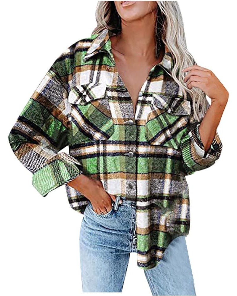 Womens Flannel Plaid Shacket Jacket Long Sleeve Button Down Casual Jackets Brushed Plaid Shirts 2023 Fall Coat Tops 014 Green...