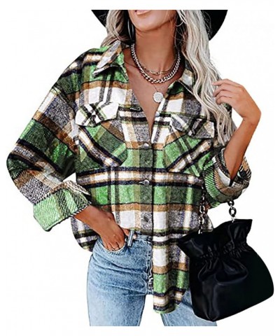 Womens Flannel Plaid Shacket Jacket Long Sleeve Button Down Casual Jackets Brushed Plaid Shirts 2023 Fall Coat Tops 014 Green...