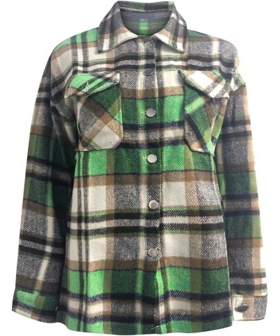 Womens Flannel Plaid Shacket Jacket Long Sleeve Button Down Casual Jackets Brushed Plaid Shirts 2023 Fall Coat Tops 014 Green...