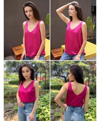 Women 2024 Silk Satin Tank Tops Dressy V Neck Camisole Blouse Casual Sleeveless Cami Summer Tanks Shirt Rose Red $13.24 Tanks