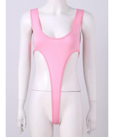 Womens Silky One-Piece Thong Bodysuit Sleevless Backless High Cut Leotard Top Bathing Swimsuit Pink $9.17 Swimsuits