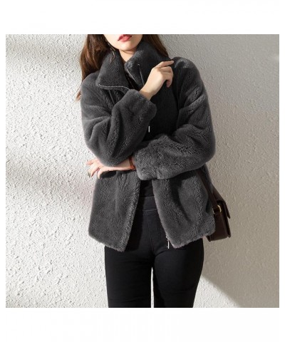 Fuzzy Fleece Jacket for Women Full Zip Long Sleeve Oversized Drawstring Coat Casual Faux Fleece Sweatshirt with Pockets Grey ...