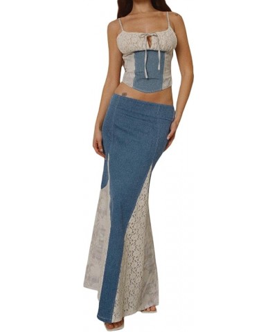 Y2k 2 Piece Maxi Skirt Sets Women Strapless Bandeau Crop Top Going Out Summer Party Streetwear Outfits 09-patchwork Blue $7.9...