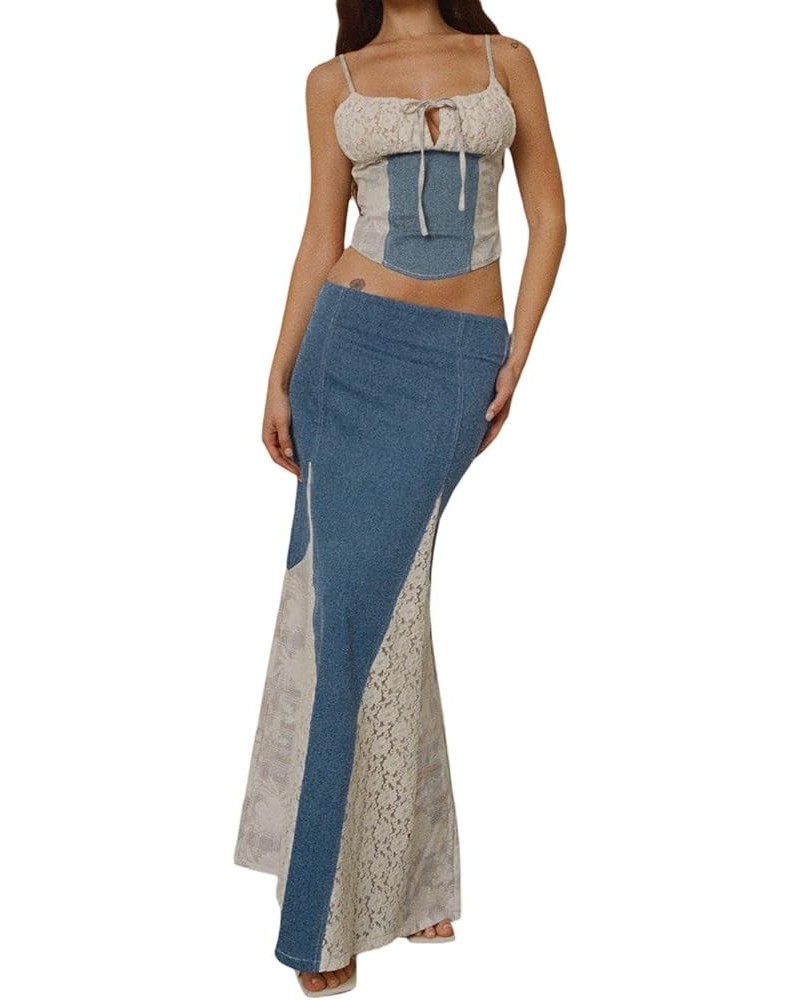 Y2k 2 Piece Maxi Skirt Sets Women Strapless Bandeau Crop Top Going Out Summer Party Streetwear Outfits 09-patchwork Blue $7.9...