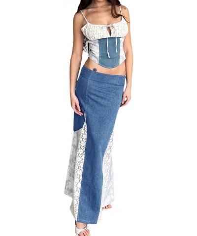 Y2k 2 Piece Maxi Skirt Sets Women Strapless Bandeau Crop Top Going Out Summer Party Streetwear Outfits 09-patchwork Blue $7.9...