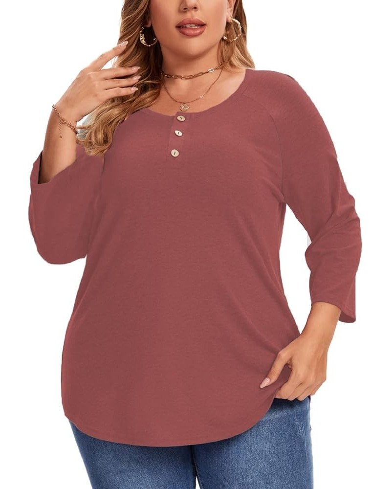 3/4 Sleeve Shirts for Women Plus Size Casual V Neck Blouses Color Block Henley Shirts 2 Wine Red $14.81 Tops