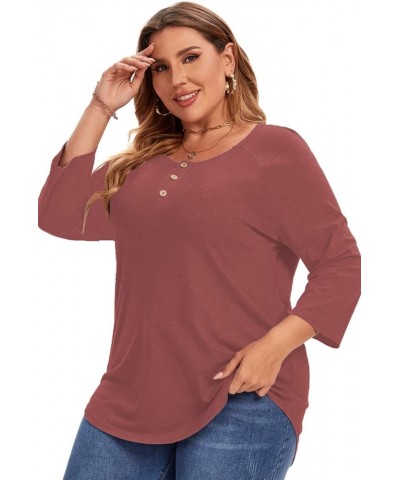 3/4 Sleeve Shirts for Women Plus Size Casual V Neck Blouses Color Block Henley Shirts 2 Wine Red $14.81 Tops