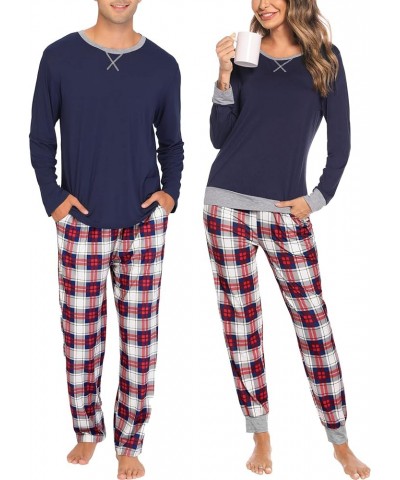 Men & Women Pajama Sets for Couples Long Sleeve Sleepwear Plaid Striped Pants Loungewear Set with Pockets Men Navy Blue1- Blu...