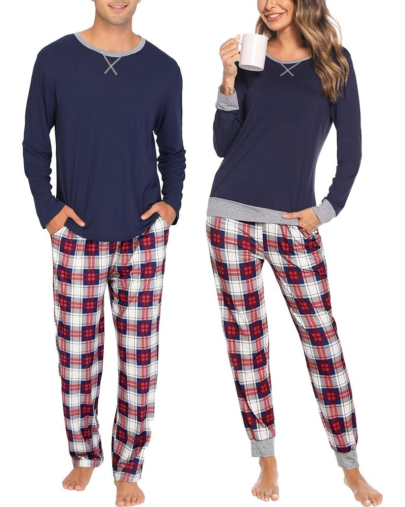 Men & Women Pajama Sets for Couples Long Sleeve Sleepwear Plaid Striped Pants Loungewear Set with Pockets Men Navy Blue1- Blu...