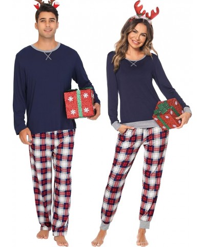 Men & Women Pajama Sets for Couples Long Sleeve Sleepwear Plaid Striped Pants Loungewear Set with Pockets Men Navy Blue1- Blu...