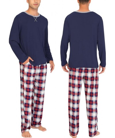 Men & Women Pajama Sets for Couples Long Sleeve Sleepwear Plaid Striped Pants Loungewear Set with Pockets Men Navy Blue1- Blu...