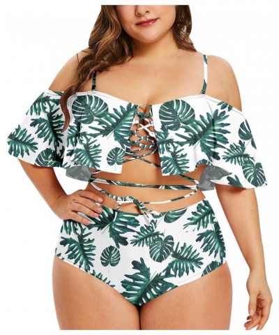 Women's Plus Size Swimwear Two Piece High Waist Swimsuit Bathing Suits Green Leaf Print $15.54 Swimsuits