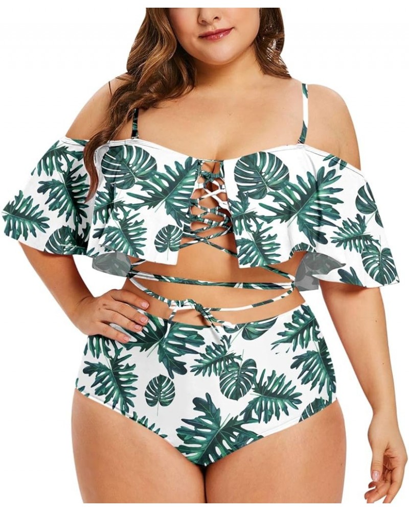 Women's Plus Size Swimwear Two Piece High Waist Swimsuit Bathing Suits Green Leaf Print $15.54 Swimsuits