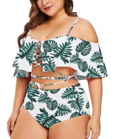 Women's Plus Size Swimwear Two Piece High Waist Swimsuit Bathing Suits Green Leaf Print $15.54 Swimsuits