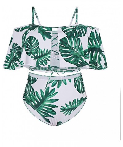 Women's Plus Size Swimwear Two Piece High Waist Swimsuit Bathing Suits Green Leaf Print $15.54 Swimsuits