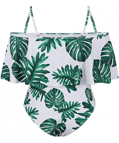 Women's Plus Size Swimwear Two Piece High Waist Swimsuit Bathing Suits Green Leaf Print $15.54 Swimsuits