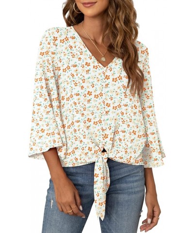 Women's Button V Neck Chiffon Tops 3/4 Bell Sleeve Tie Knot Casual Blouses Loose Summer Shirts Orange Flower $11.66 Blouses