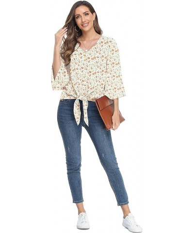 Women's Button V Neck Chiffon Tops 3/4 Bell Sleeve Tie Knot Casual Blouses Loose Summer Shirts Orange Flower $11.66 Blouses