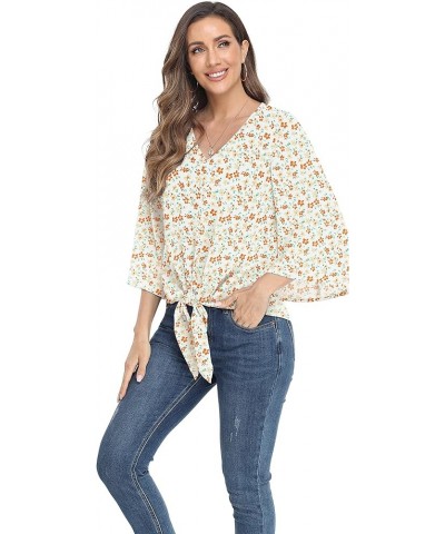 Women's Button V Neck Chiffon Tops 3/4 Bell Sleeve Tie Knot Casual Blouses Loose Summer Shirts Orange Flower $11.66 Blouses