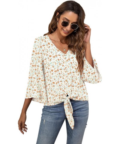 Women's Button V Neck Chiffon Tops 3/4 Bell Sleeve Tie Knot Casual Blouses Loose Summer Shirts Orange Flower $11.66 Blouses