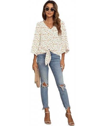 Women's Button V Neck Chiffon Tops 3/4 Bell Sleeve Tie Knot Casual Blouses Loose Summer Shirts Orange Flower $11.66 Blouses