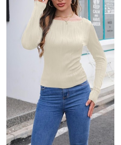 Women's Textured Long Sleeve Crop Top Crew Neck Slim Fit T Shirts Apricot $10.00 T-Shirts