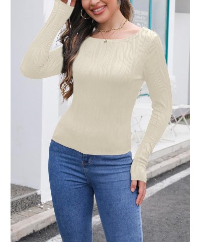 Women's Textured Long Sleeve Crop Top Crew Neck Slim Fit T Shirts Apricot $10.00 T-Shirts