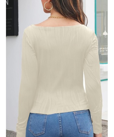 Women's Textured Long Sleeve Crop Top Crew Neck Slim Fit T Shirts Apricot $10.00 T-Shirts