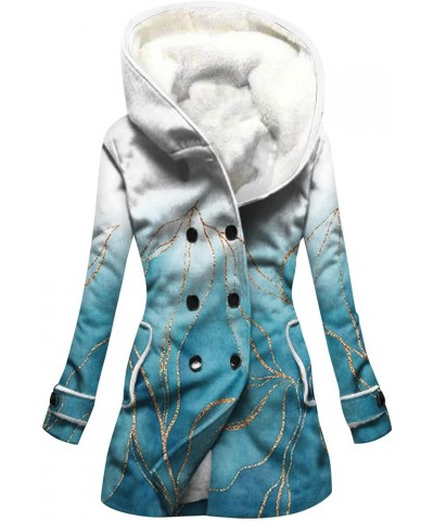 Womens Winter Button Up Vintage Print Sherpa Fleece Lined Hooded Jacket Coat Linen Long Sleeve Warm Coat 03-cyan $20.42 Jackets