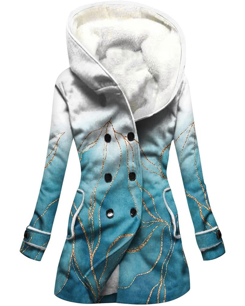 Womens Winter Button Up Vintage Print Sherpa Fleece Lined Hooded Jacket Coat Linen Long Sleeve Warm Coat 03-cyan $20.42 Jackets