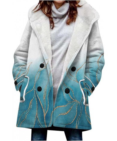 Womens Winter Button Up Vintage Print Sherpa Fleece Lined Hooded Jacket Coat Linen Long Sleeve Warm Coat 03-cyan $20.42 Jackets