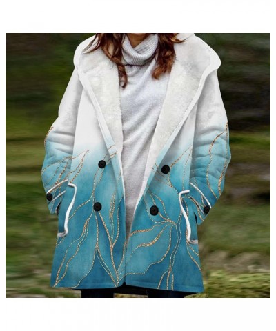 Womens Winter Button Up Vintage Print Sherpa Fleece Lined Hooded Jacket Coat Linen Long Sleeve Warm Coat 03-cyan $20.42 Jackets