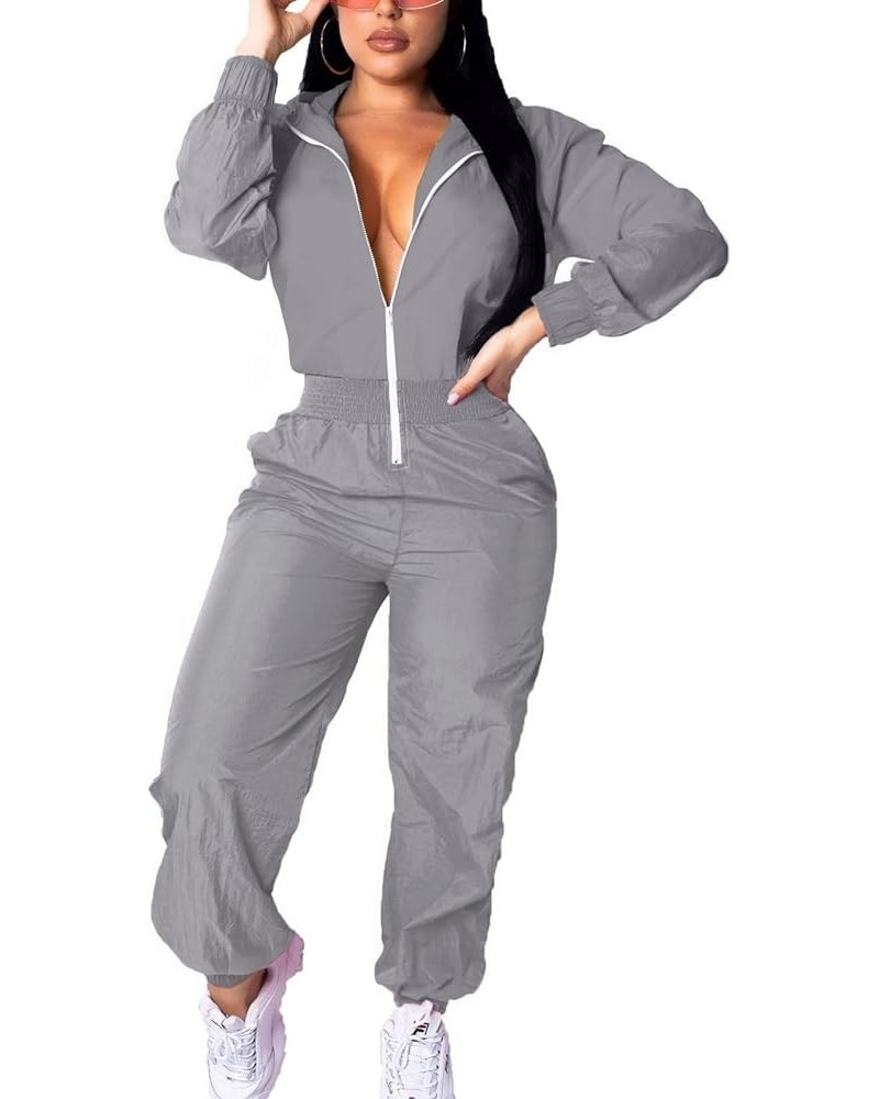 Women's Pullover Hoodies Jumpsuit Zipper Jacket Windbreaker Elastic Waistband Pants One Piece Outfits Tracksuit Set C4 Grey $...