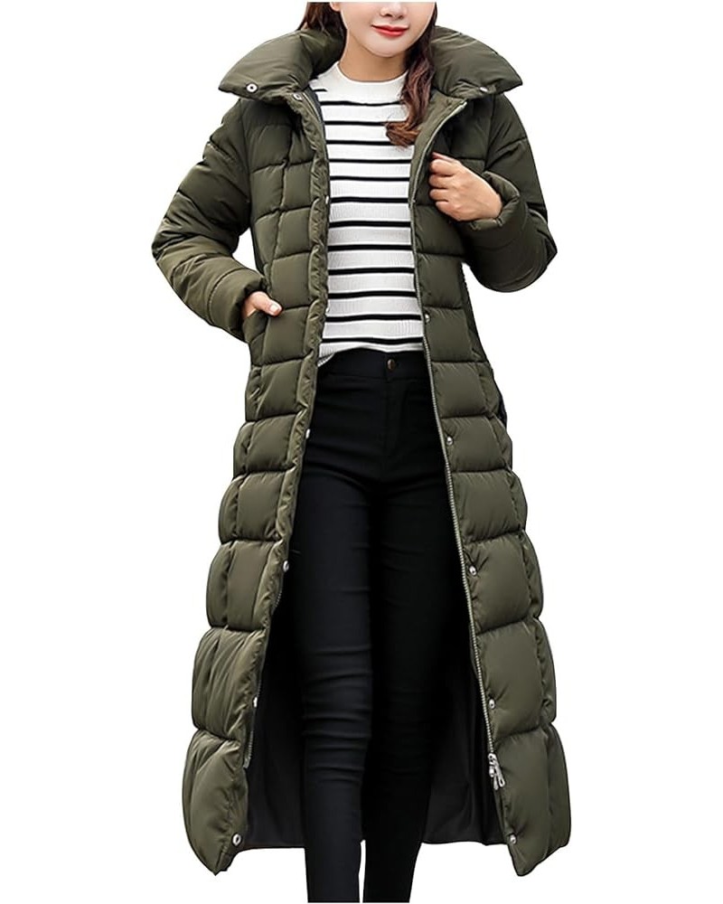 Women Long Quilted Coat Maxi Length Long Sleeve Puffer Jacket Solid Hooded Padded Coats Thick Warm Winter Outerwear 11-army G...