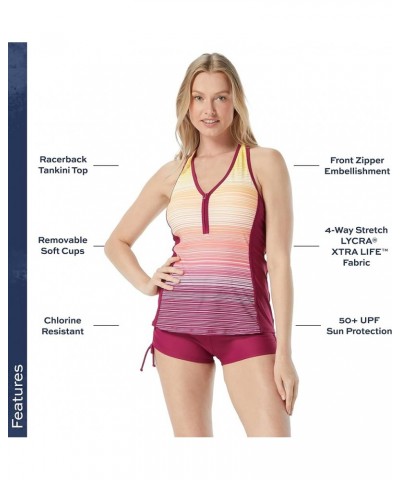 Erinna Racerback Zip Front Tankini Top — Athletic UPF 50+ V-Neck Swim Top Sunset Stripe Summer Fig $34.44 Swimsuits