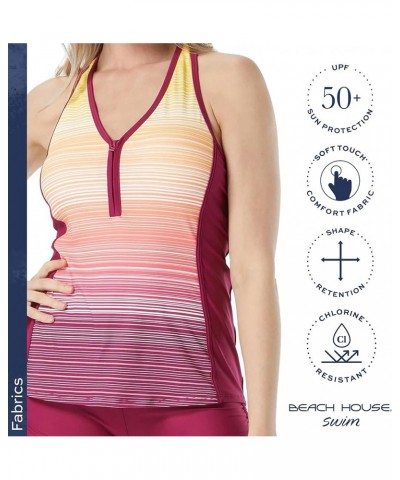 Erinna Racerback Zip Front Tankini Top — Athletic UPF 50+ V-Neck Swim Top Sunset Stripe Summer Fig $34.44 Swimsuits