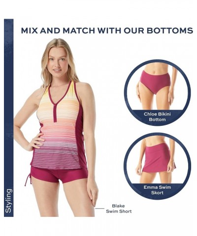 Erinna Racerback Zip Front Tankini Top — Athletic UPF 50+ V-Neck Swim Top Sunset Stripe Summer Fig $34.44 Swimsuits