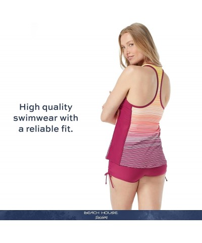 Erinna Racerback Zip Front Tankini Top — Athletic UPF 50+ V-Neck Swim Top Sunset Stripe Summer Fig $34.44 Swimsuits