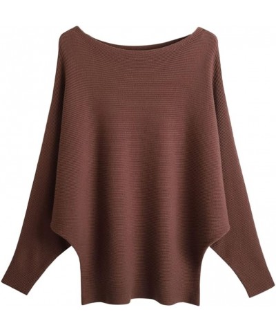 Women's Boat Neck Batwing Sleeves Dolman Ribbed Knitted Sweaters Pullovers Tops Coffee $18.55 Sweaters