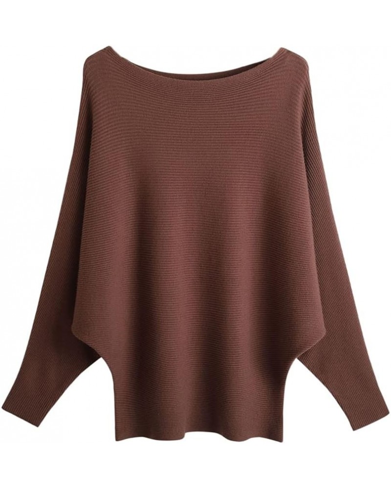 Women's Boat Neck Batwing Sleeves Dolman Ribbed Knitted Sweaters Pullovers Tops Coffee $18.55 Sweaters