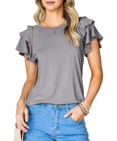 Women's Ruffle Sleeve Top Summer Crewneck Dressy Soft Casual Fitted Basic Tee Plain T Shirts Purplish Grey $7.94 Tops