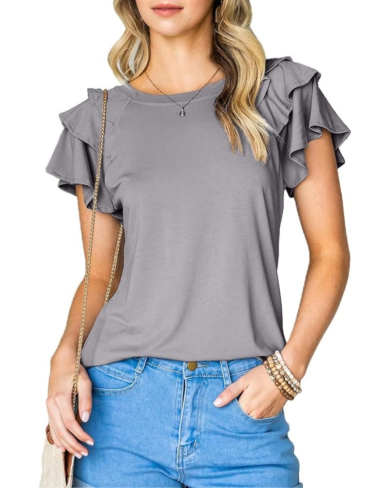 Women's Ruffle Sleeve Top Summer Crewneck Dressy Soft Casual Fitted Basic Tee Plain T Shirts Purplish Grey $7.94 Tops