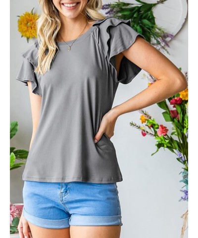 Women's Ruffle Sleeve Top Summer Crewneck Dressy Soft Casual Fitted Basic Tee Plain T Shirts Purplish Grey $7.94 Tops