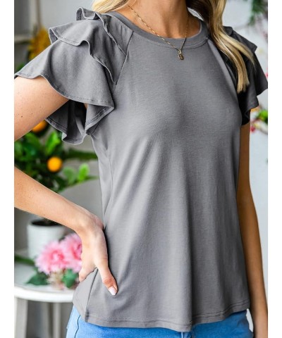 Women's Ruffle Sleeve Top Summer Crewneck Dressy Soft Casual Fitted Basic Tee Plain T Shirts Purplish Grey $7.94 Tops